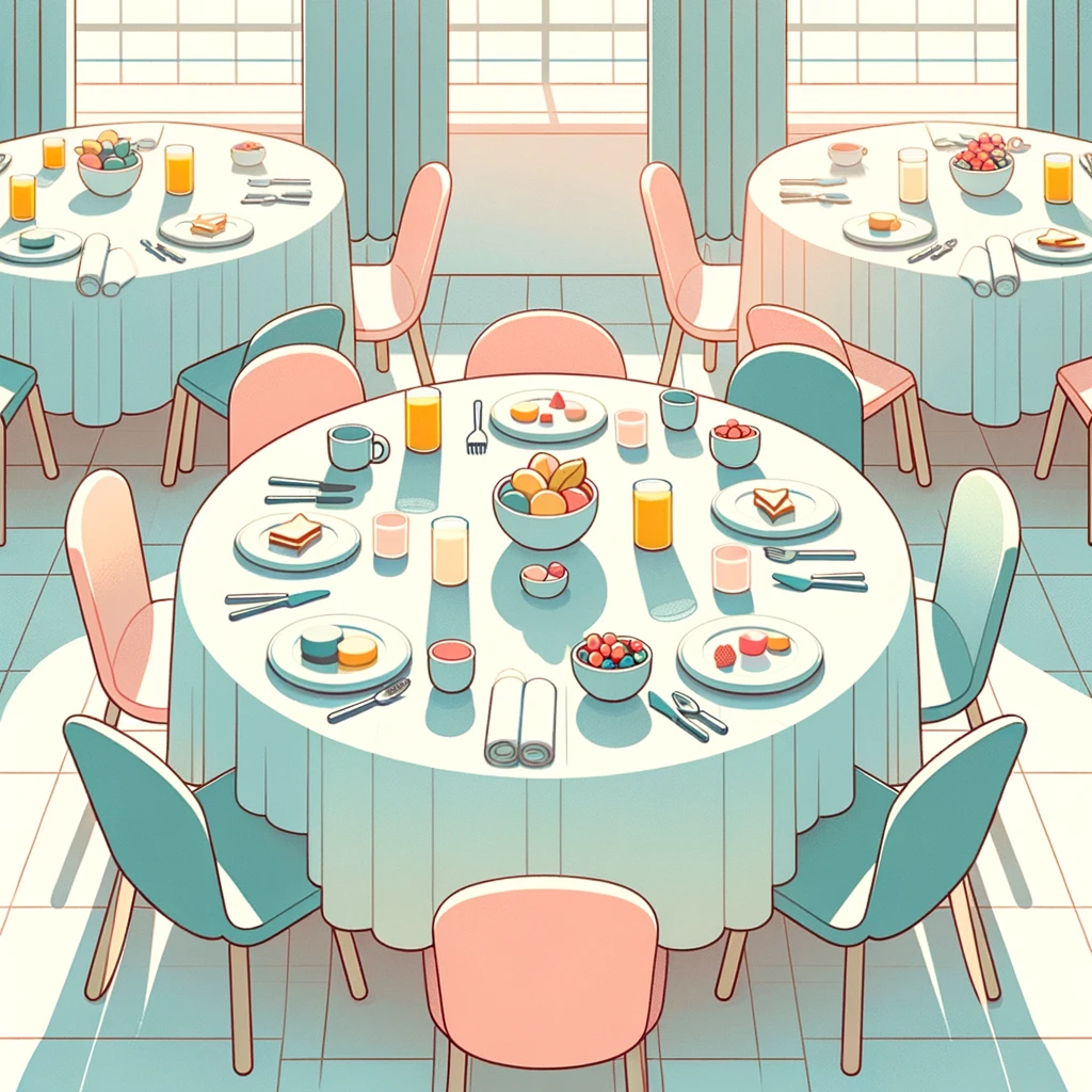 Overhead view of a bright room set up for a children's breakfast club, featuring round tables covered in pastel-colored tablecloths. Each table displays stylized, simple breakfast items like bowls of fruit, plates with toast, and glasses of juice, arranged in a neat and inviting manner. The atmosphere is calm with soft, natural lighting, emphasizing a minimalist and clean design.